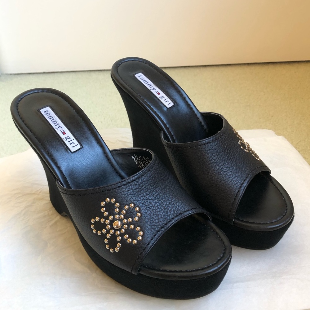 Tommy Girl Black Leather Platform Mules
